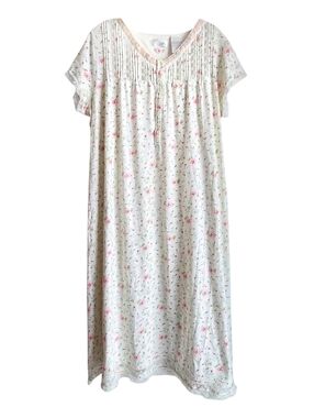 Vintage 90s Aria cotton night gown midi length short sleeve ivory floral pink